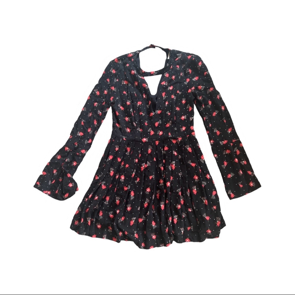 Free People Black and Red Fit and Flare Dress with Long Bell Sleeves